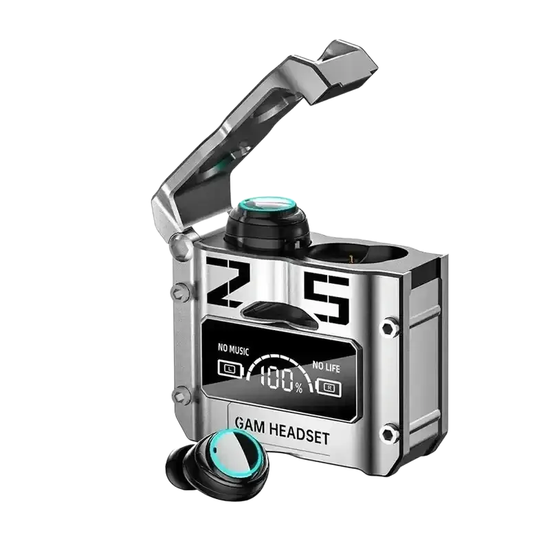 Silver and black wireless earbuds with sleek angular charging case hatch cover showing 100 percent battery life for long lasting use