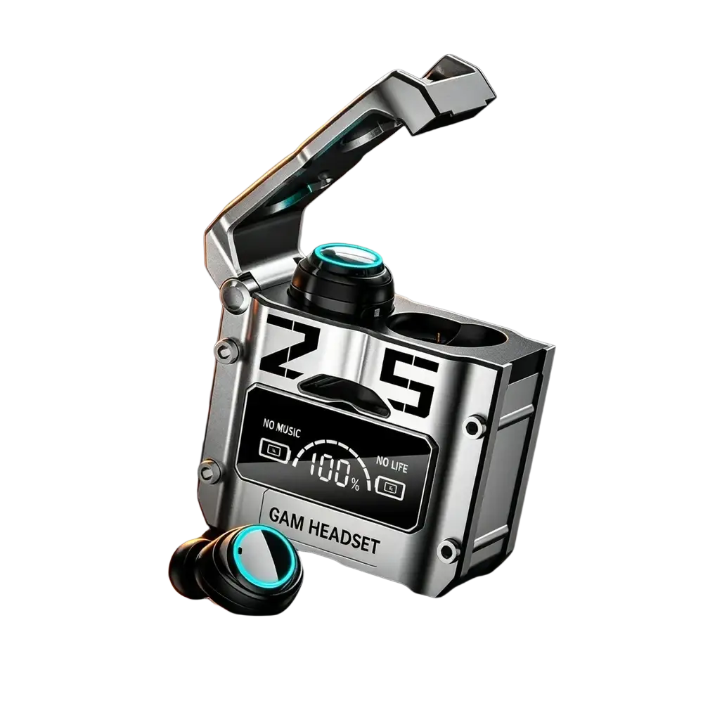 Silver and black wireless earbuds with charging case and hatch cover featuring glowing blue accents and long lasting use