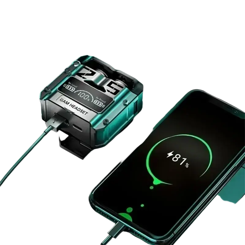 Teal and black metallic wireless earbuds charging case with hatch cover and digital display showing 100 percent charge