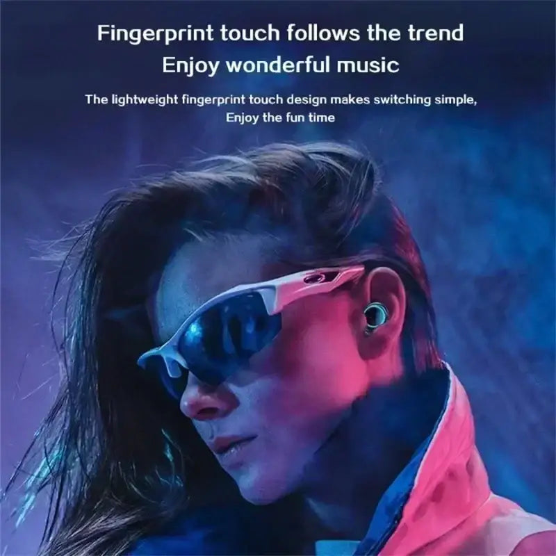 White-framed sunglasses with reflective dark lenses shown alongside wireless earbuds with charging case and hatch cover fingerprint touch
