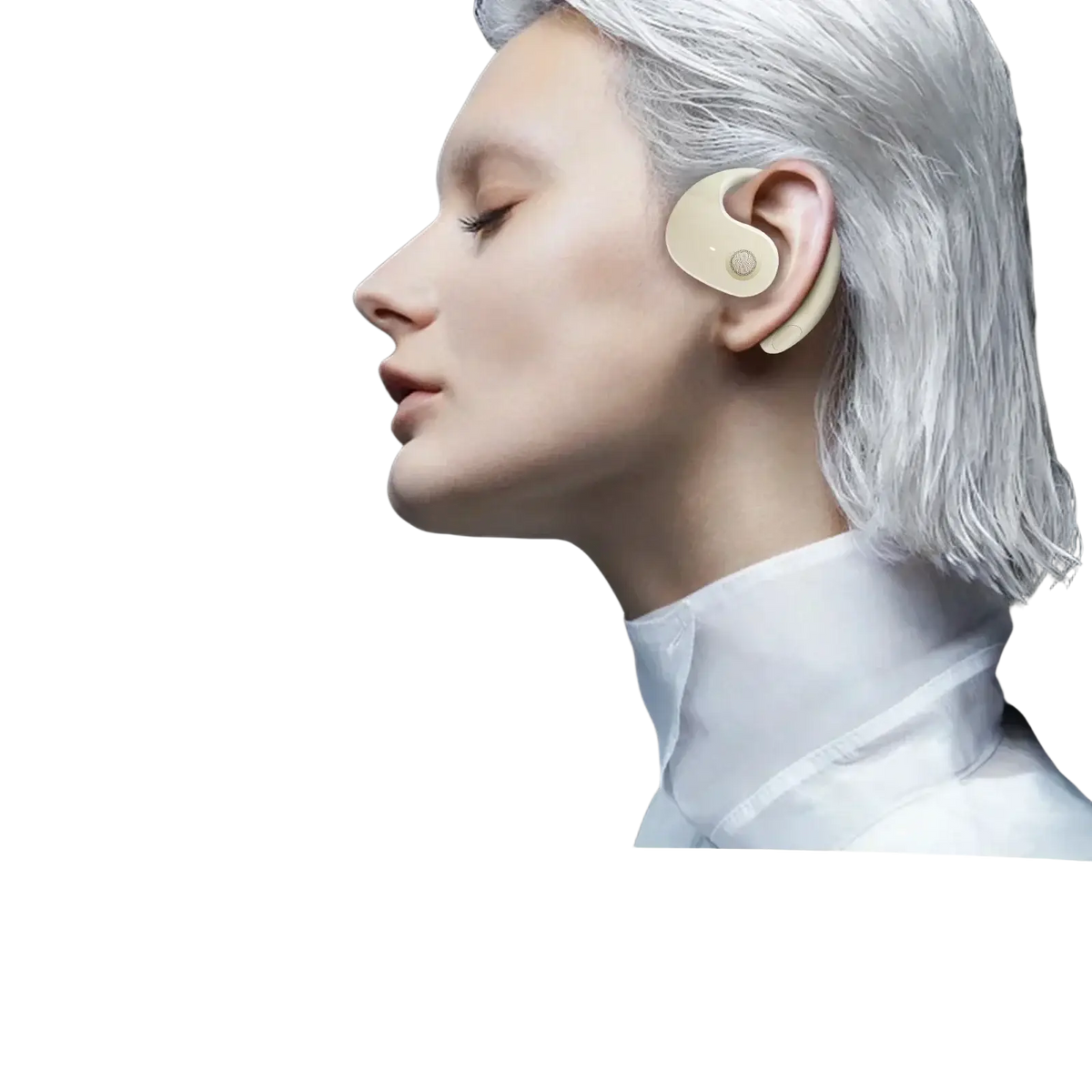 Beige wireless earbuds with sleek ergonomic design fitting snugly in the ear included with charging case and mic