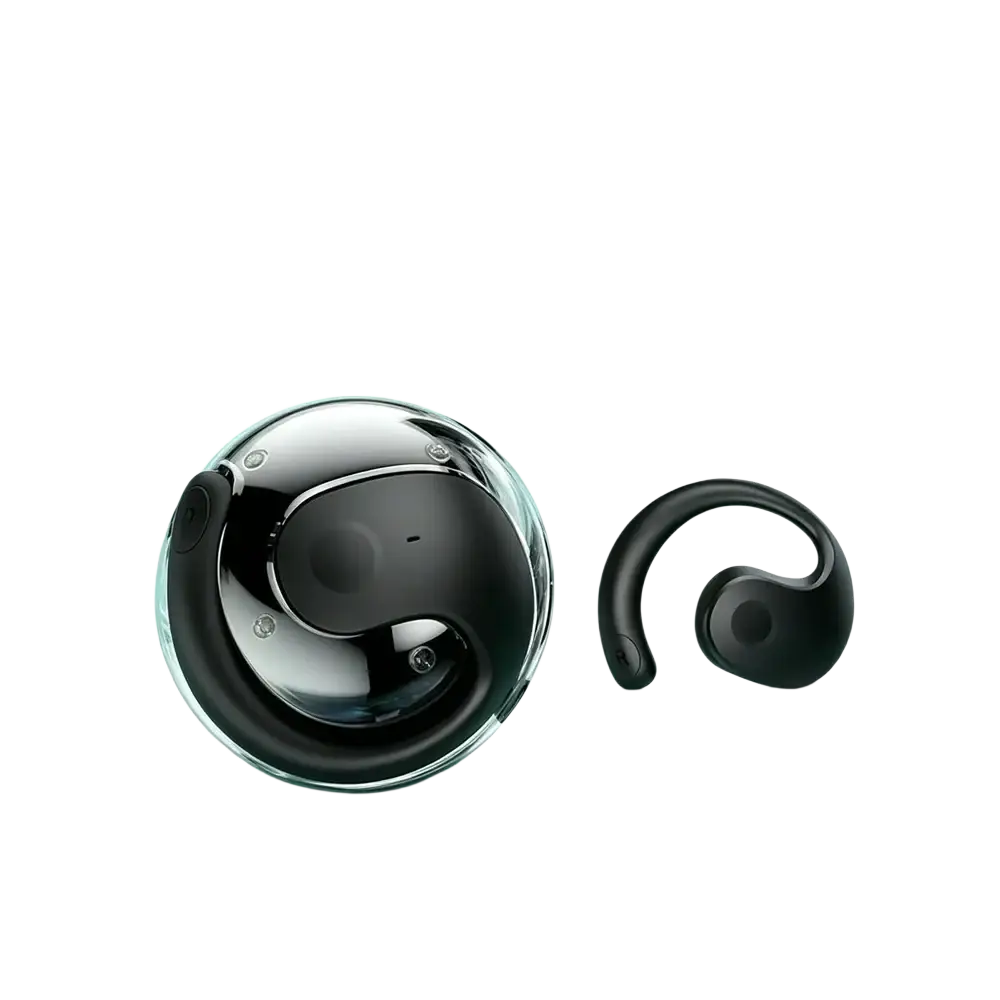 Black and silver wireless earbuds with mic and sleek curved design displayed next to matching spherical charging case