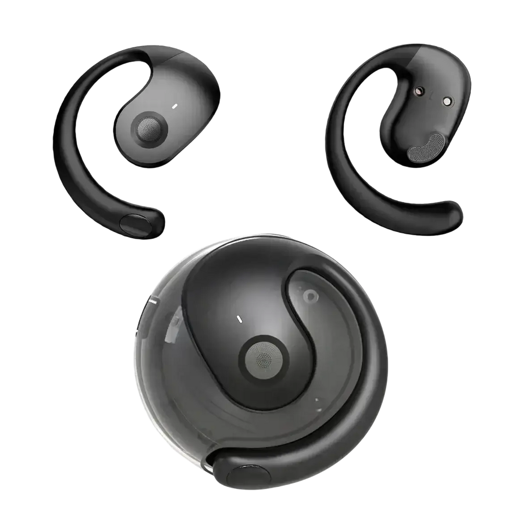 Black wireless earbuds with charging case and mic featuring sleek curved design and glossy finish for wireless headphones use