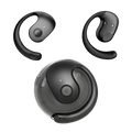 Black wireless earbuds with charging case and mic featuring sleek curved design and glossy finish for wireless headphones use