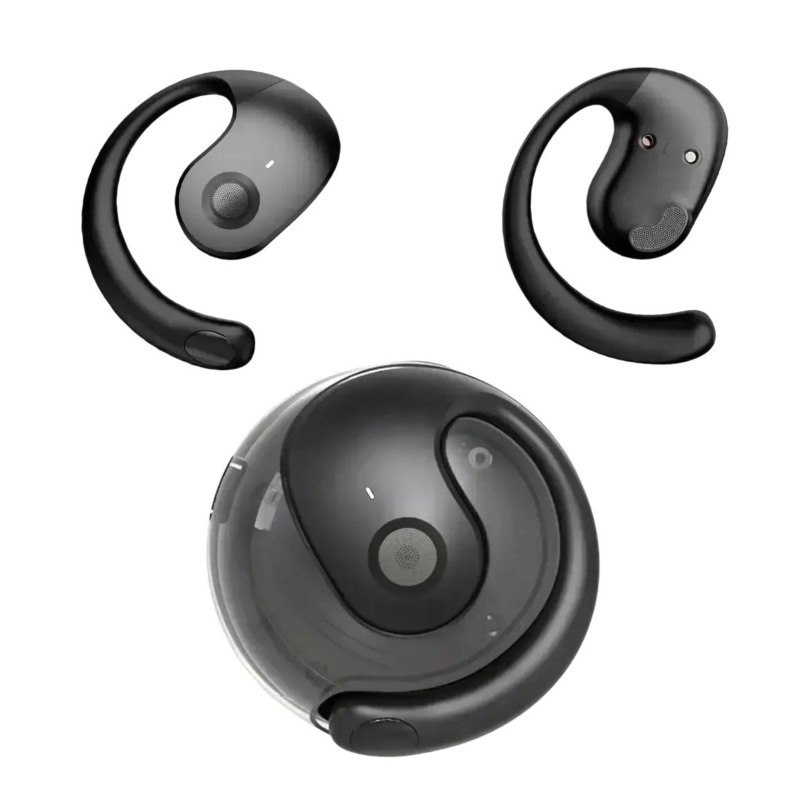 Black wireless earbuds with charging case and mic featuring sleek curved design and glossy finish for wireless headphones use
