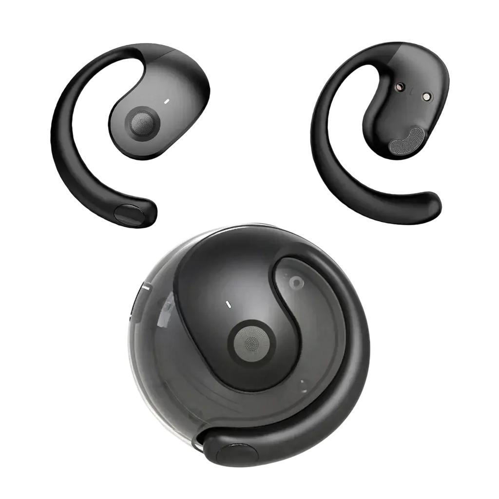 Black sleek ear-hook style wireless earbuds with mic and matching circular charging case for convenient use