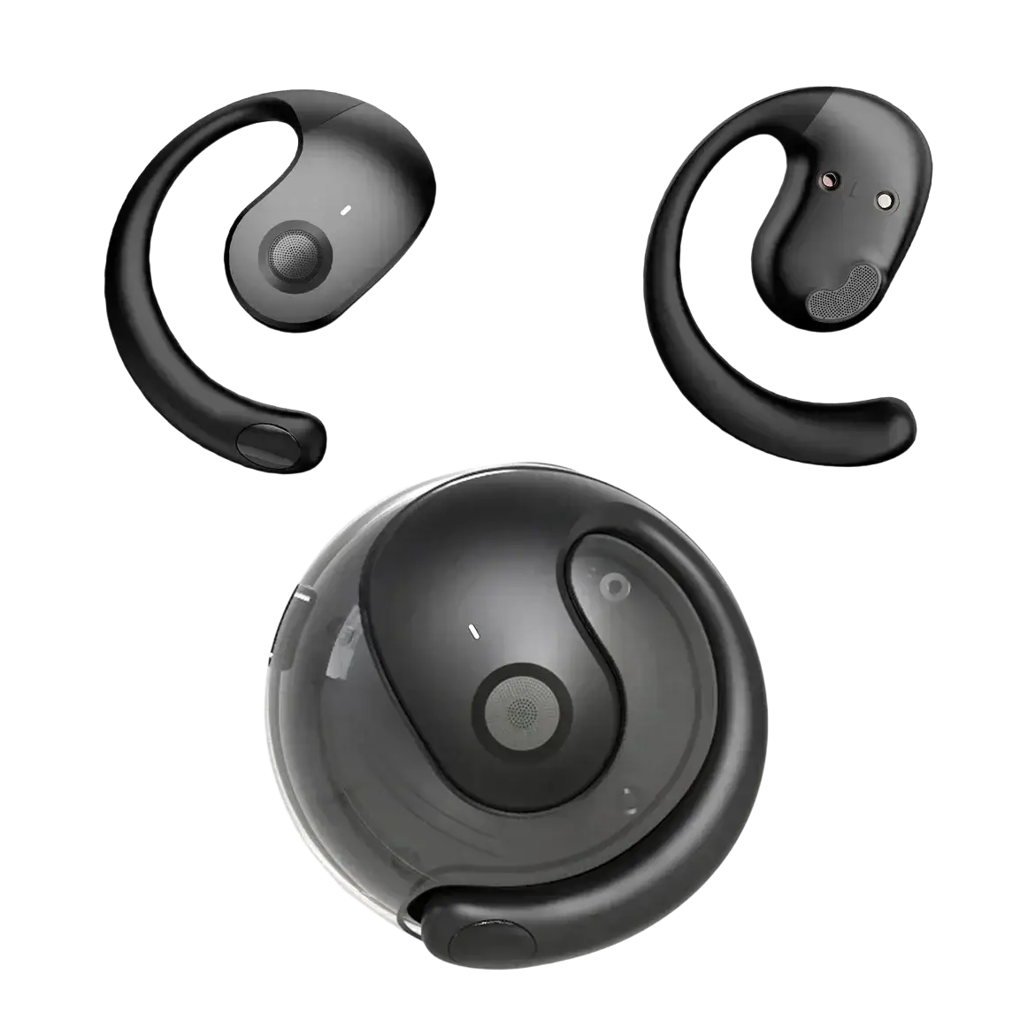 Black sleek ear-hook style wireless earbuds with mic and matching circular charging case for convenient use