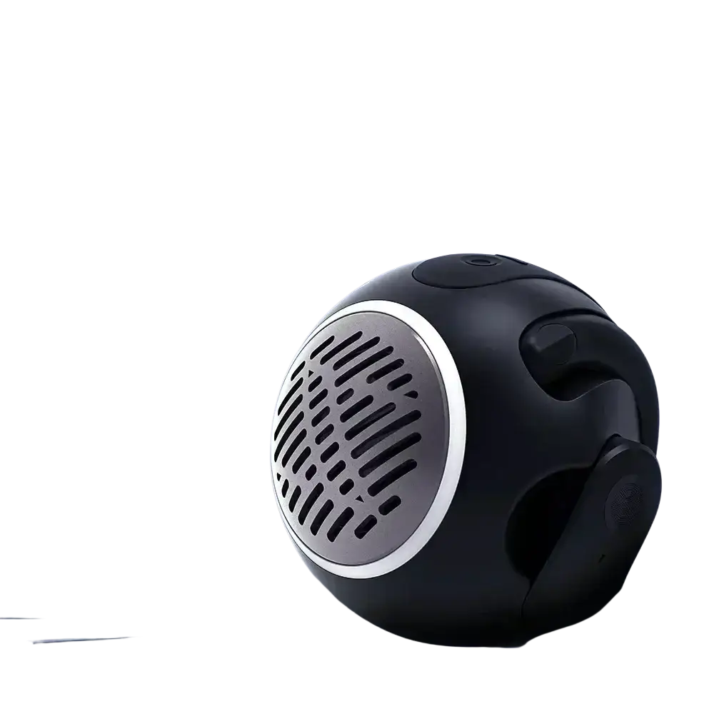 Black spherical bluetooth speaker with silver grille and white trim featuring directional sound for wireless headphones charging case