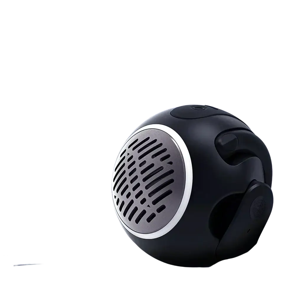 Wireless earbuds charging case with black spherical bluetooth speaker featuring silver grille and sleek modern design