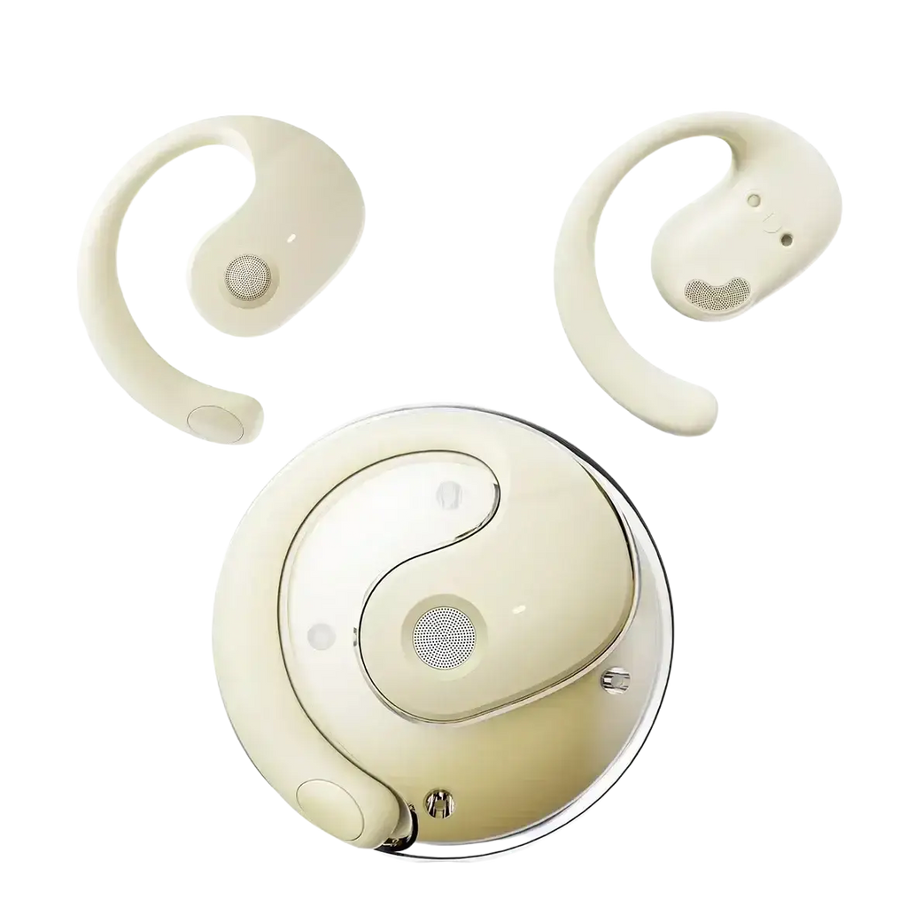 Cream-colored wireless earbuds with yin-yang design and metallic accents featuring charging case and mic