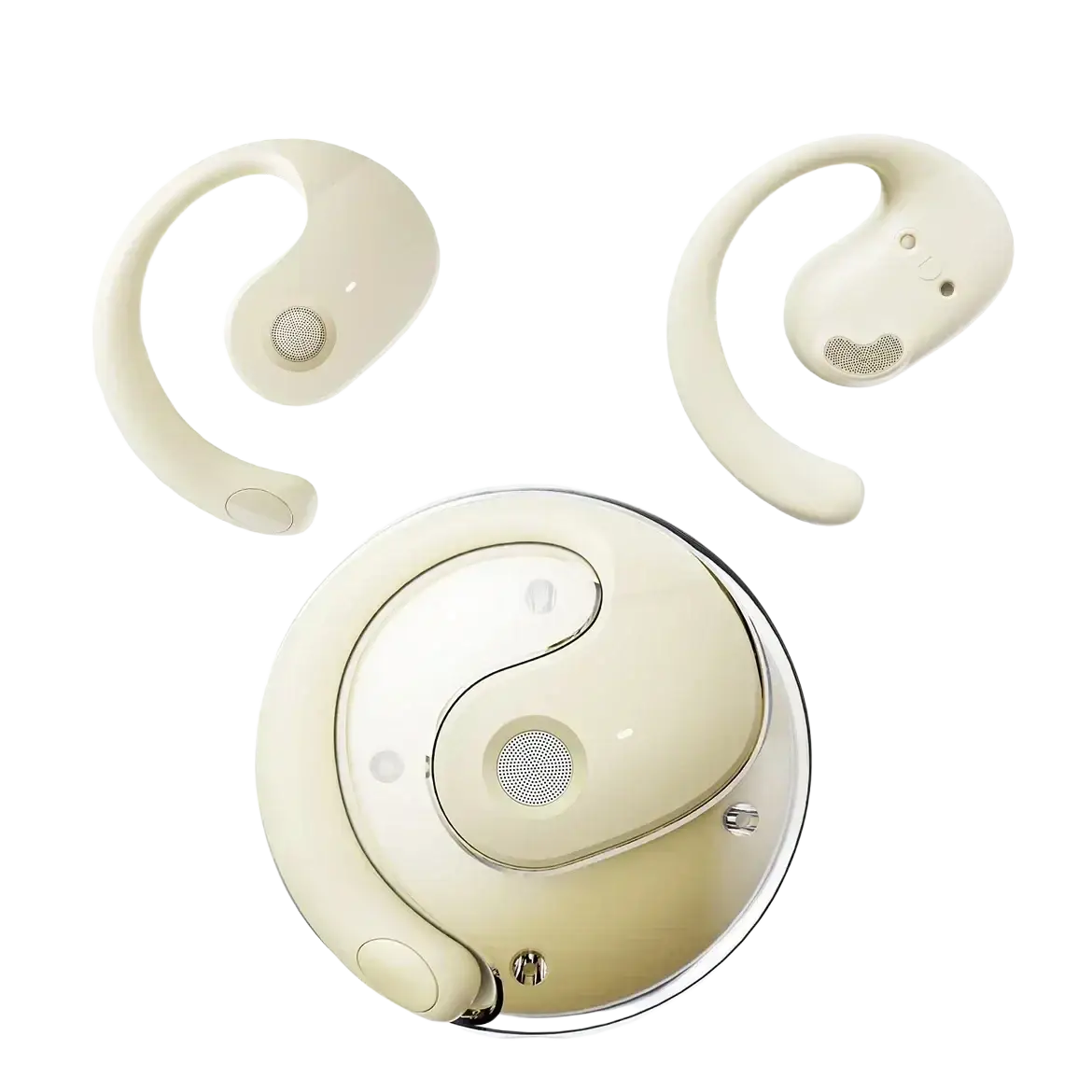 Cream-colored wireless earbuds with yin-yang design and metallic accents with charging case and mic for clear calls