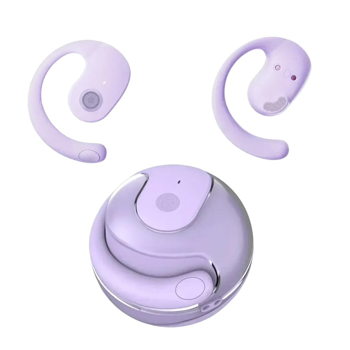 Lavender wireless earbuds with mic featuring a sleek curved design and matching circular charging case for wireless headphones