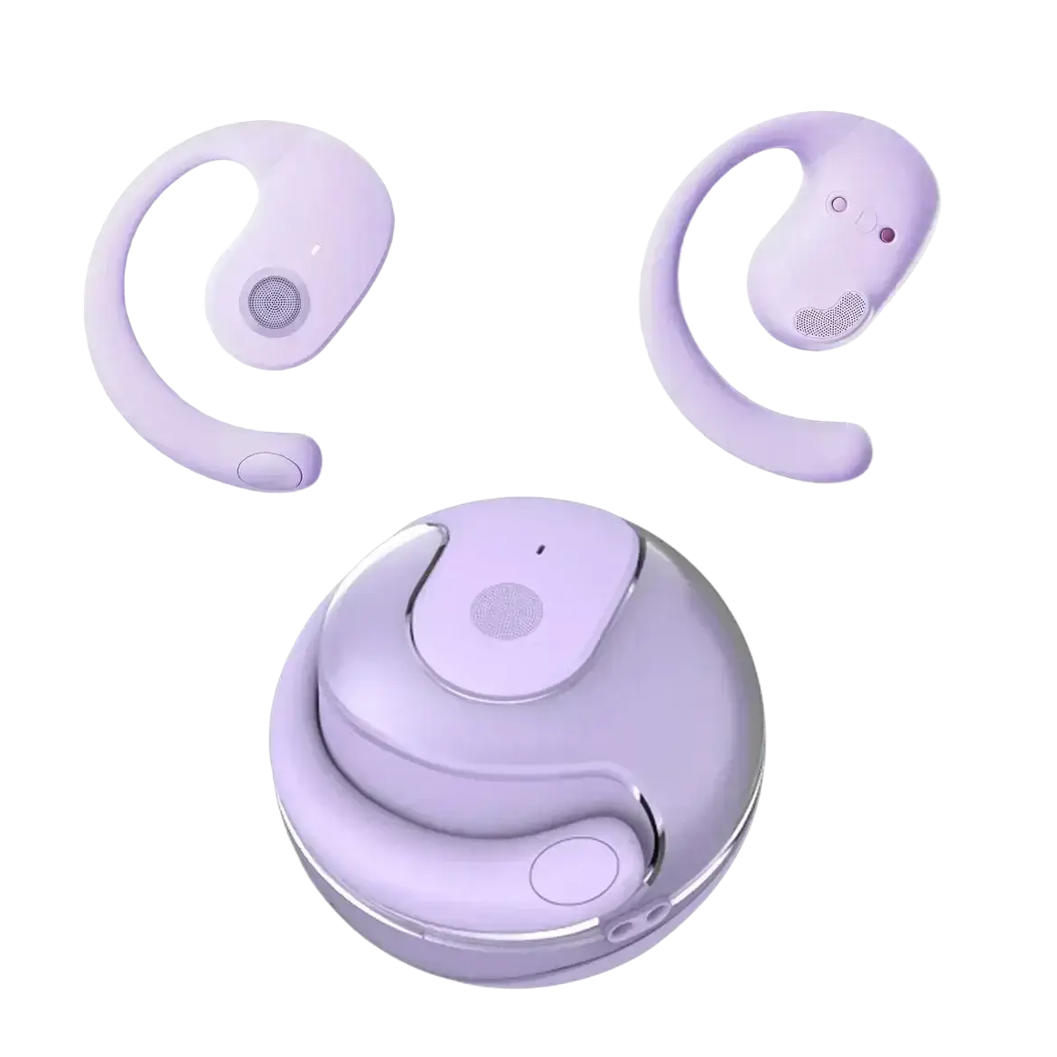 Lavender wireless earbuds with mic and sleek curved design alongside matching circular charging case for wireless headphones