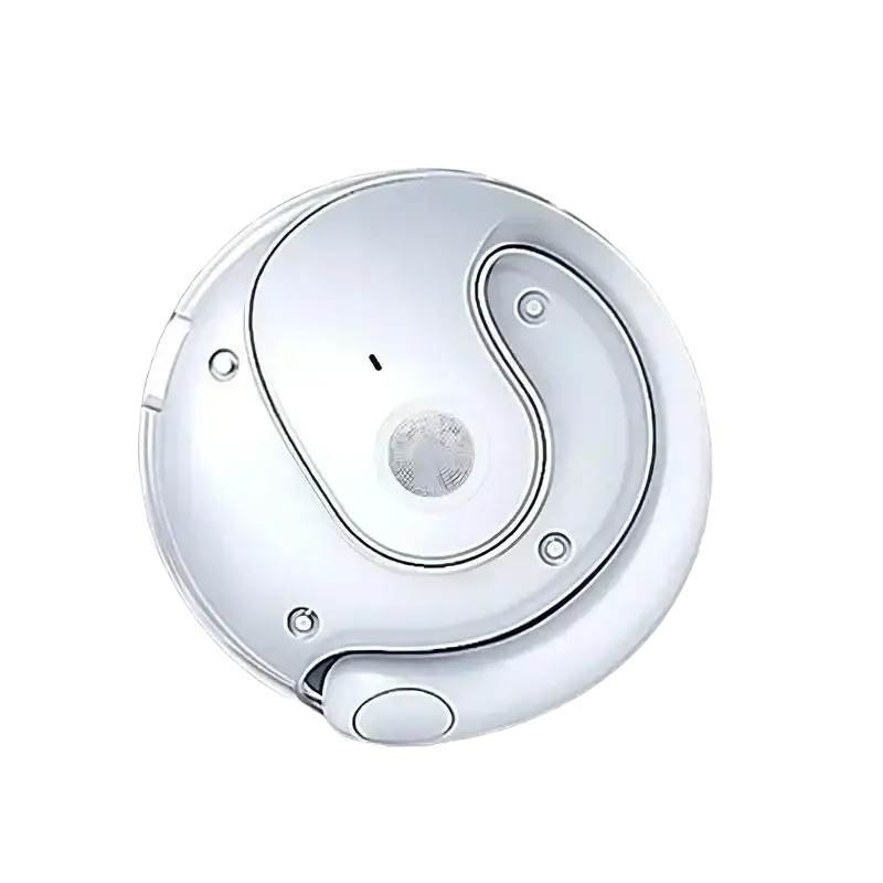Silver wireless earbuds with charging case and mic featuring a sleek curved design and smooth metallic finish