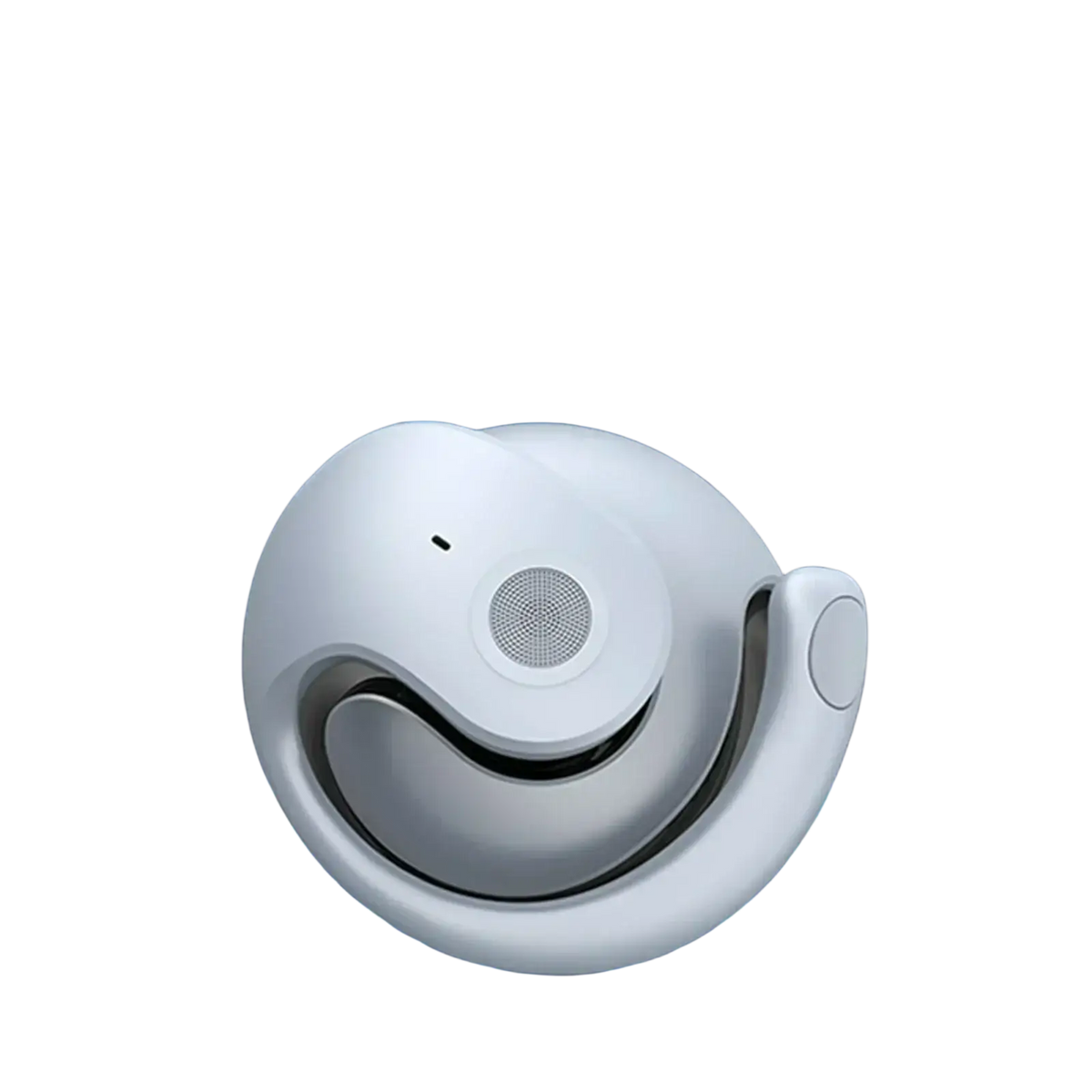 White wireless earbuds with charging case and mic featuring open-ear design and integrated lanyard for sports use