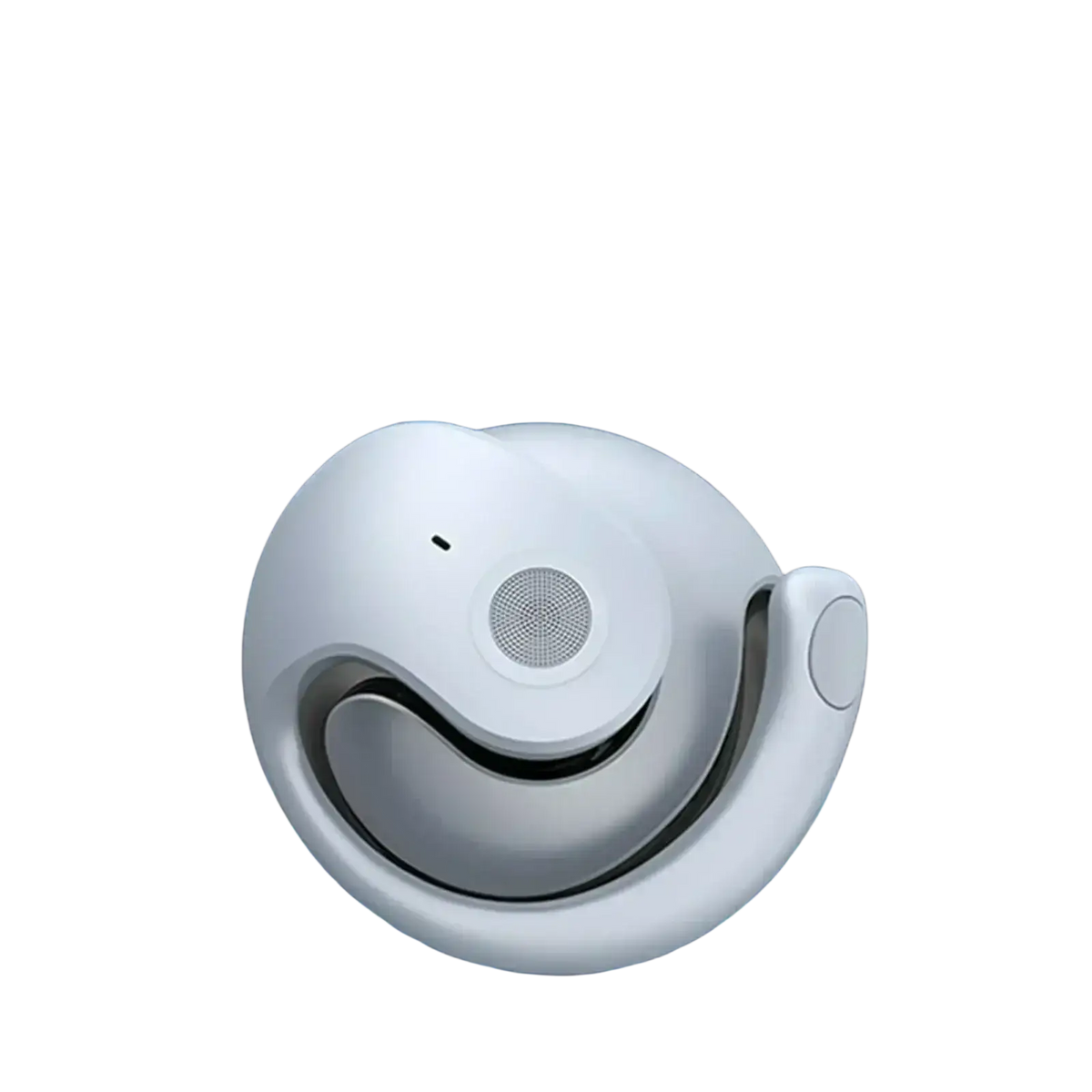 White sleekly curved wireless earbuds with charging case and mic featuring minimalist design and circular grille