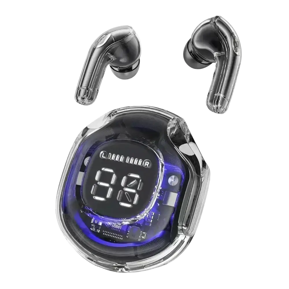 Wireless earbuds with sleek silver design and clear digital charging case displaying battery level and blue internal lighting