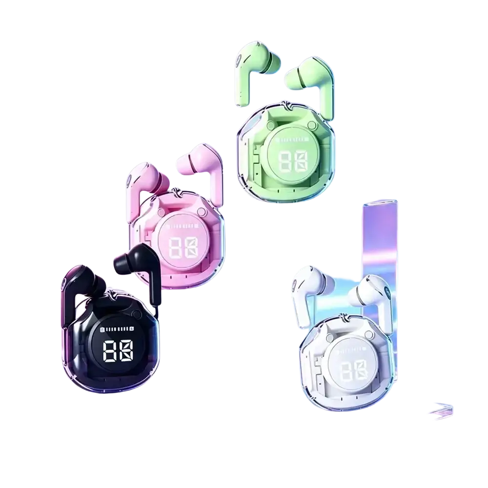 Colorful wireless earbuds in pink green black and white with matching digital charging case for convenient use