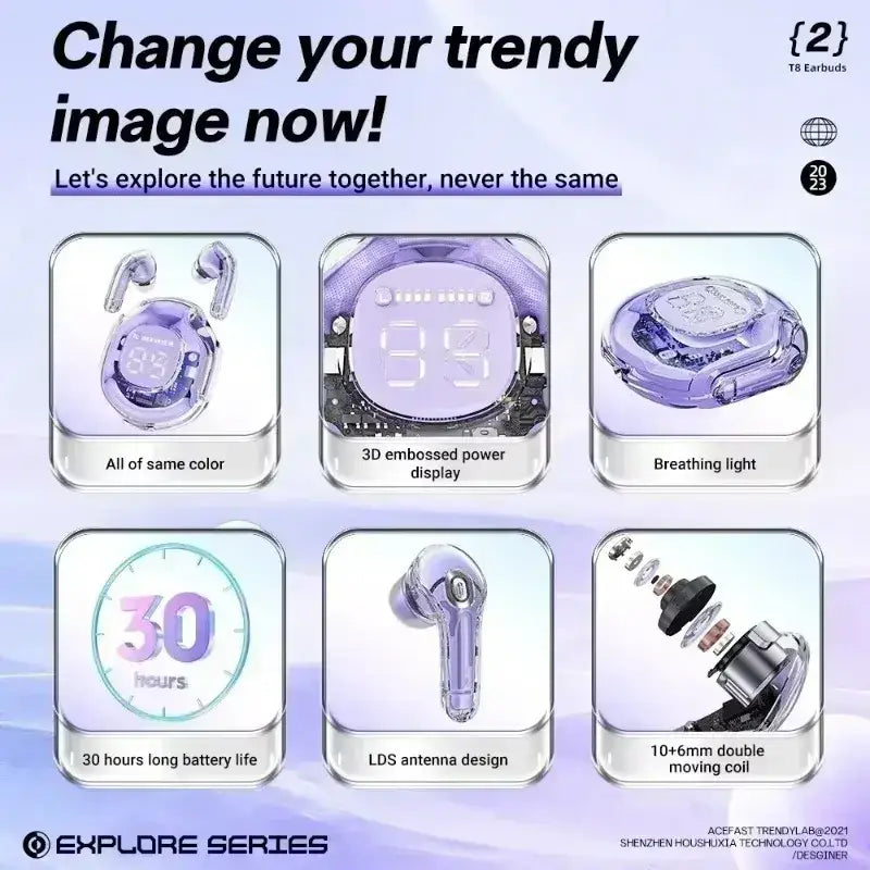 Purple wireless earbuds with 3d embossed power display and breathing light in a digital charging case