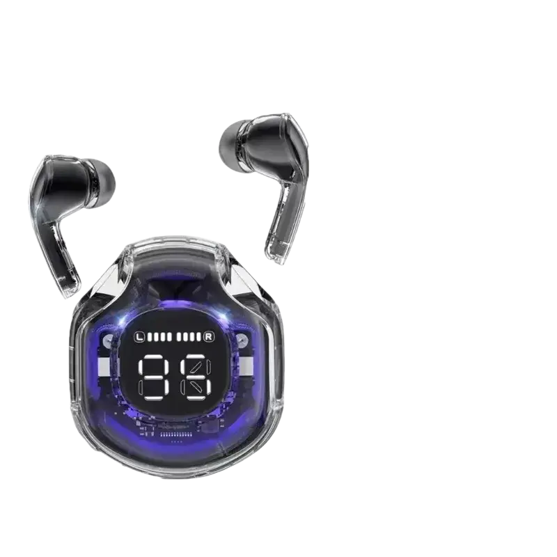 Transparent charging case with glowing purple digital display and black wireless earbuds in digital charging case