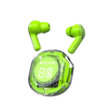 Vibrant lime green wireless earbuds with a matching transparent digital charging case featuring a display