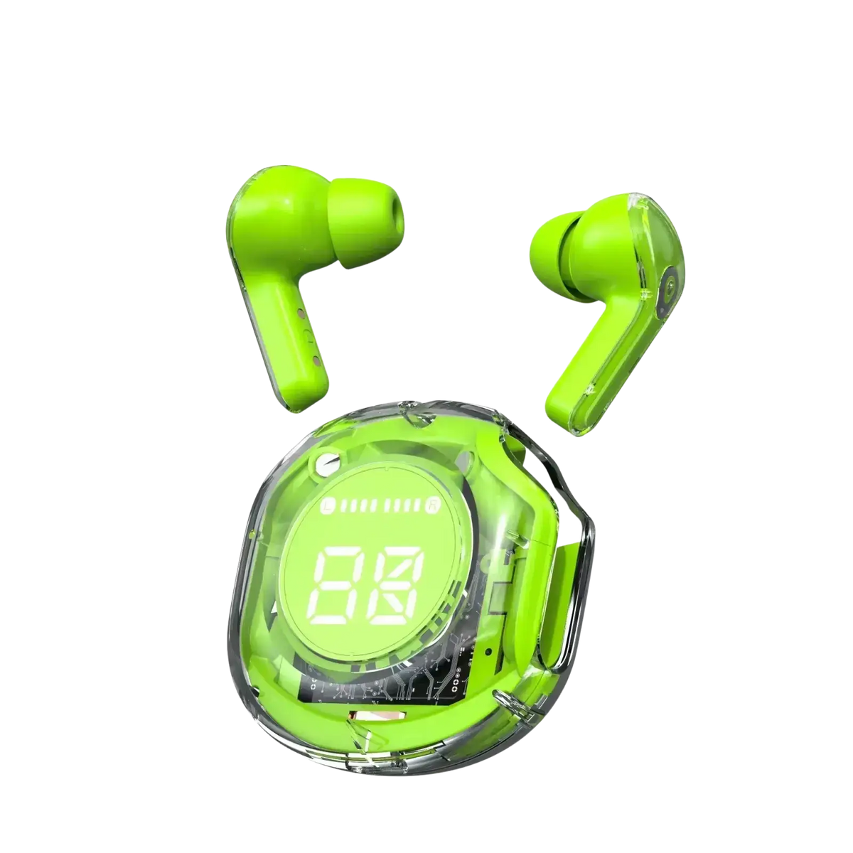 Vibrant lime green wireless earbuds with a matching transparent digital charging case featuring a display