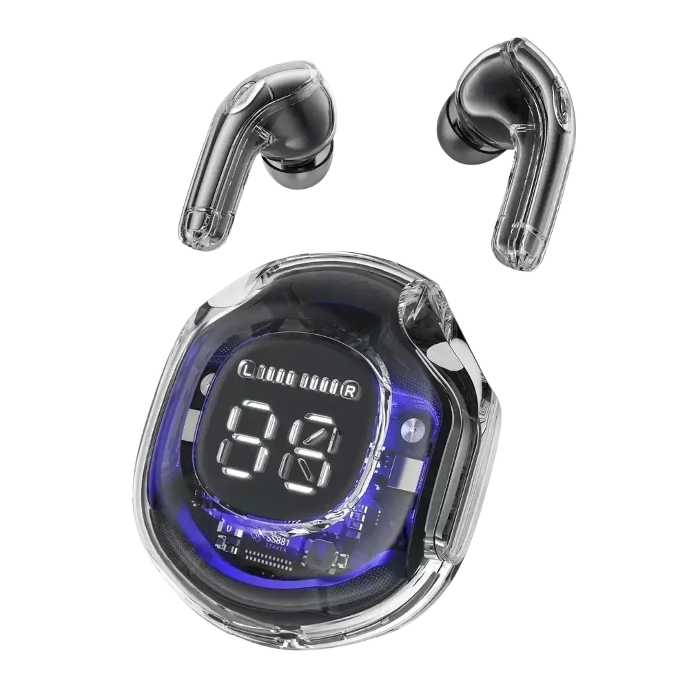 Clear charging case with blue backlight digital display holding sleek black wireless earbuds for easy charging and use