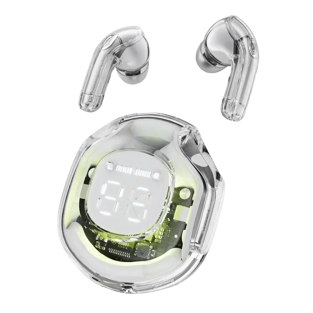 Wireless earbuds with clear transparent design silver accents and matching charging case with illuminated digital display