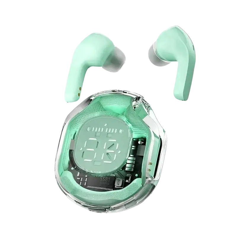 Mint green wireless earbuds with transparent charging case featuring digital time display on the inner surface