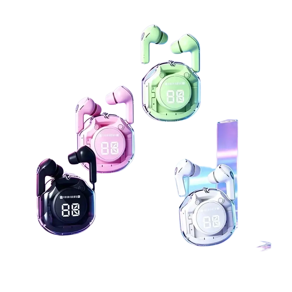 Pastel-colored wireless earbuds in rounded charging case with digital display for convenient battery monitoring