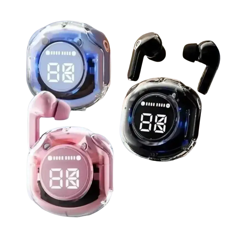 Wireless earbuds charging case with transparent design digital display touch control bluetooth v5.3 pink blue black