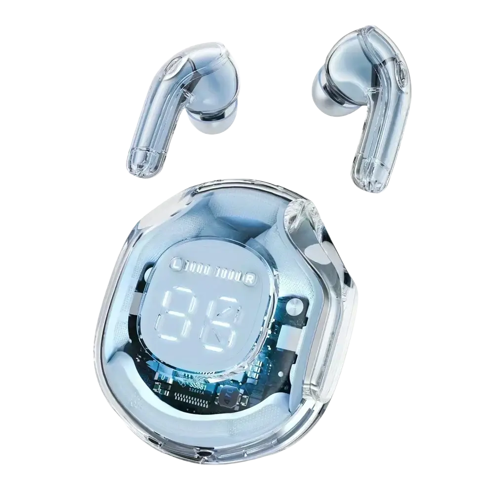 Transparent blue-tinted wireless earbuds with a matching clear charging case displaying time on its digital screen