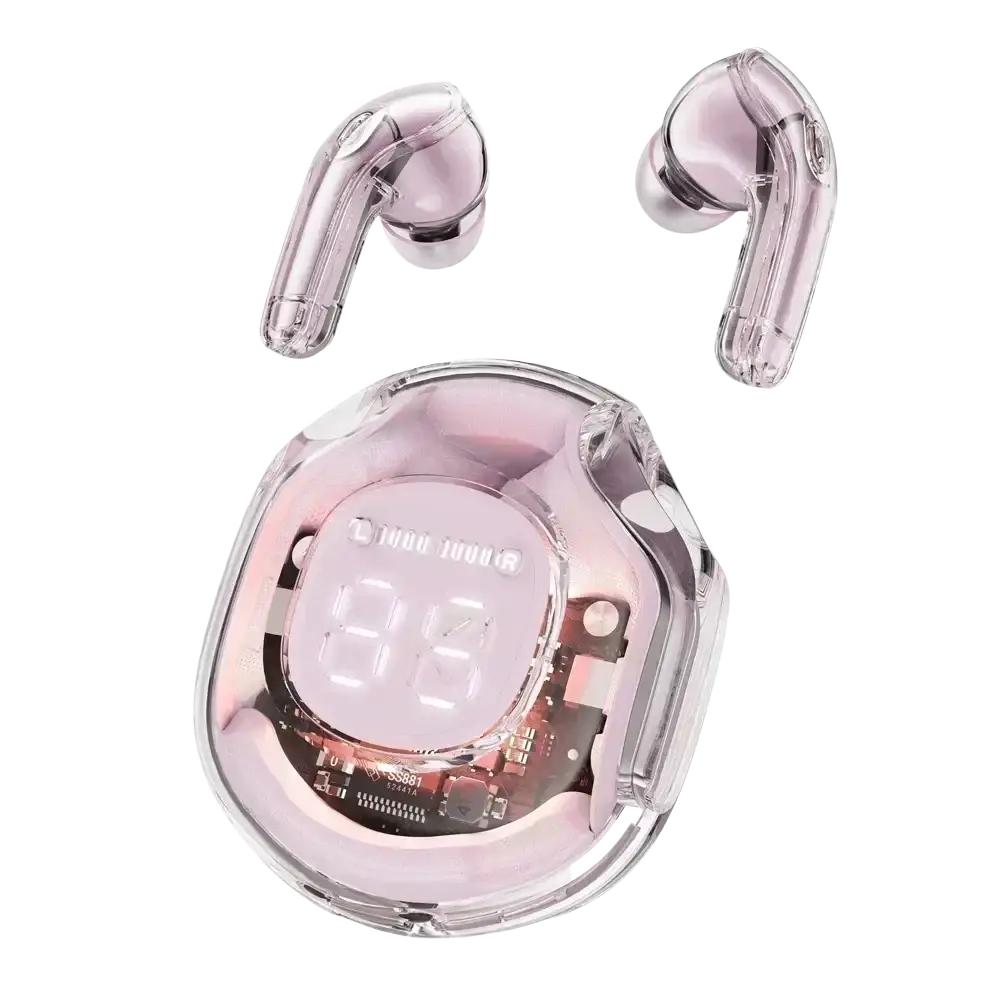 Transparent pink wireless earbuds with matching clear charging case featuring digital display for battery status