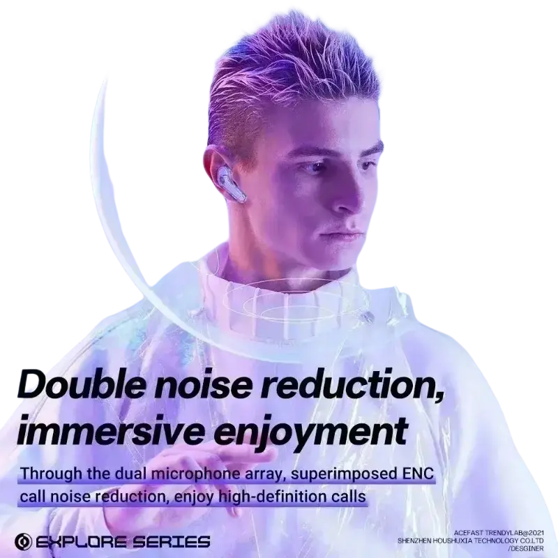 White wireless earbuds with sleek minimalist design worn by a model featuring a digital display charging case
