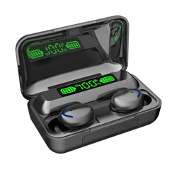 Black wireless earbuds with blue accents rest inside a matte charging case featuring glowing green led battery indicators