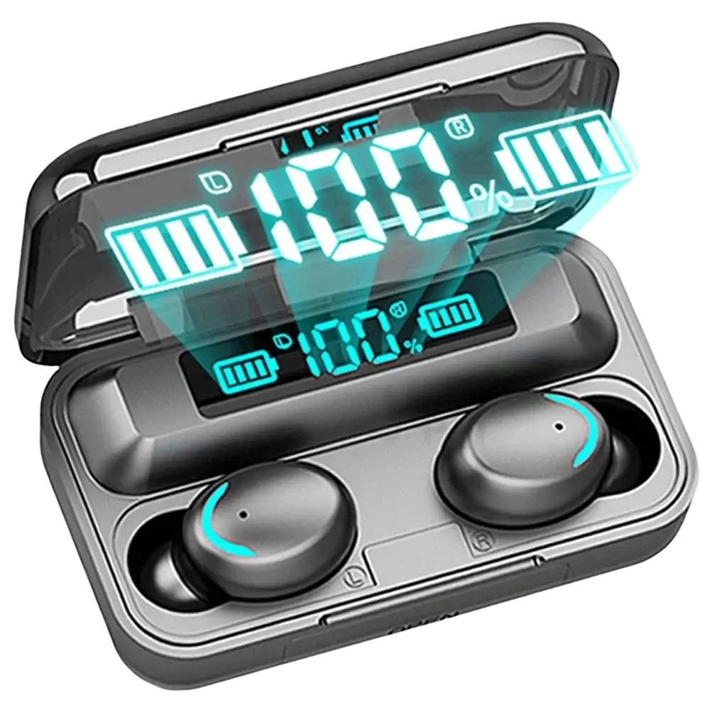 Black wireless earbuds with teal accents rest in sleek silver and black charging case charging showing 100 percent battery life