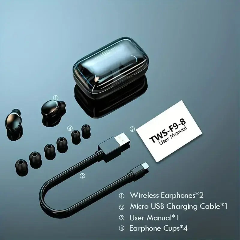 Black wireless earbuds with sleek glossy finish and matching led charging case for case charging convenience
