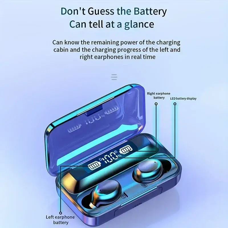 Blue and gold wireless earbuds with led battery display in a sleek case charging charging case for portable use
