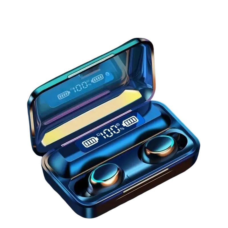 Blue and gold wireless earbuds charging case with led digital display showing 100 percent battery charging case charging