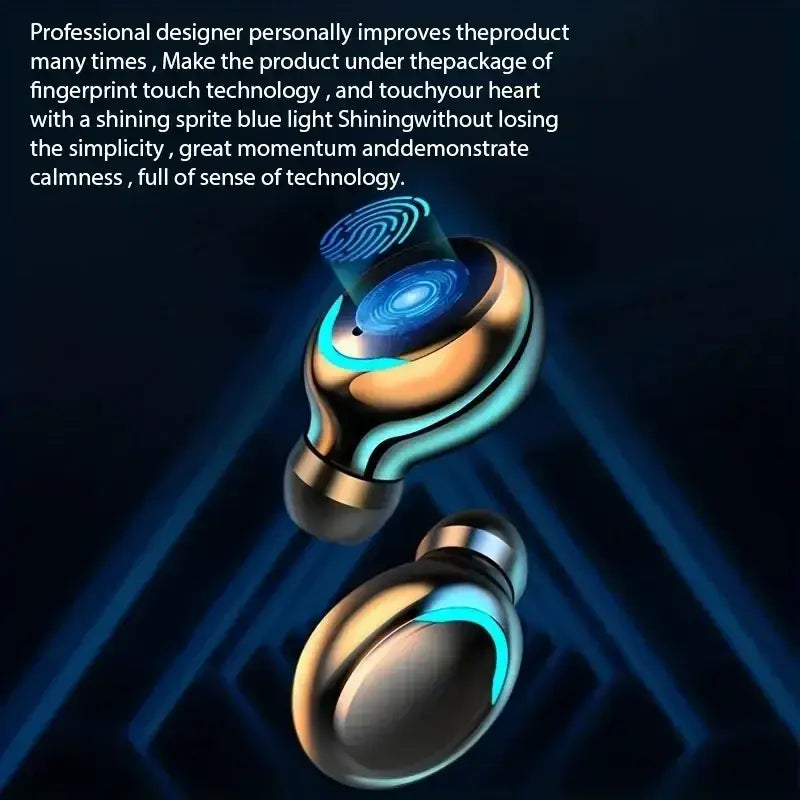 Glossy gold and teal wireless earbuds with fingerprint touch technology and led charging case for case charging