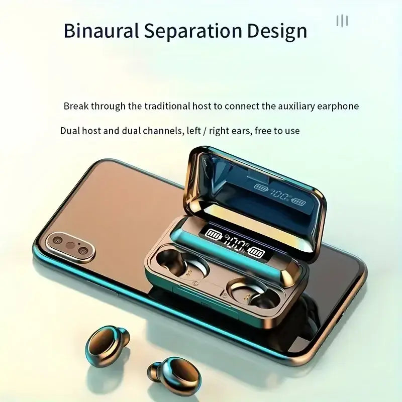 Teal and gold wireless earbuds in a matching led charging case with digital battery display and case charging
