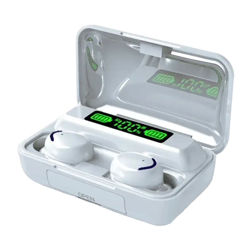 White wireless earbuds with smiley face design inside a white led charging case with green 100% battery display