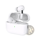 White apple airpods pro wireless earbuds with true bluetooth noise reduction in glossy charging case with green light