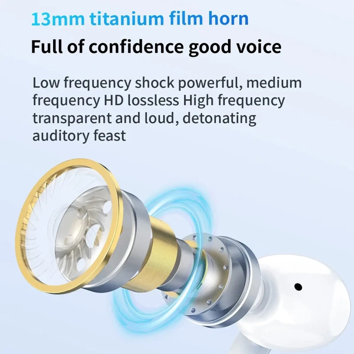 Wireless earbuds true bluetooth noise reduction headphones featuring a 13mm titanium film horn with gold accents