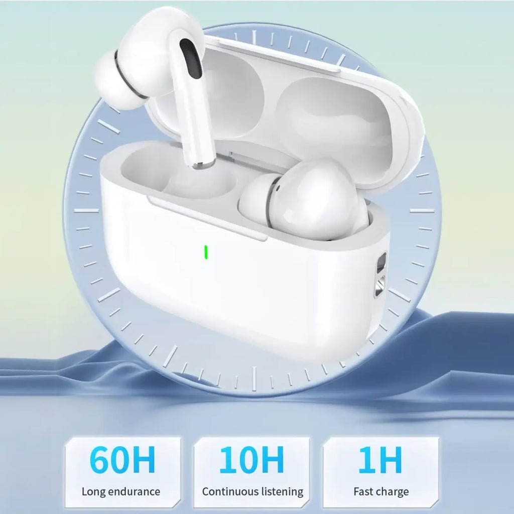 White wireless earbuds with true bluetooth noise reduction in a matching white charging case with sleek design