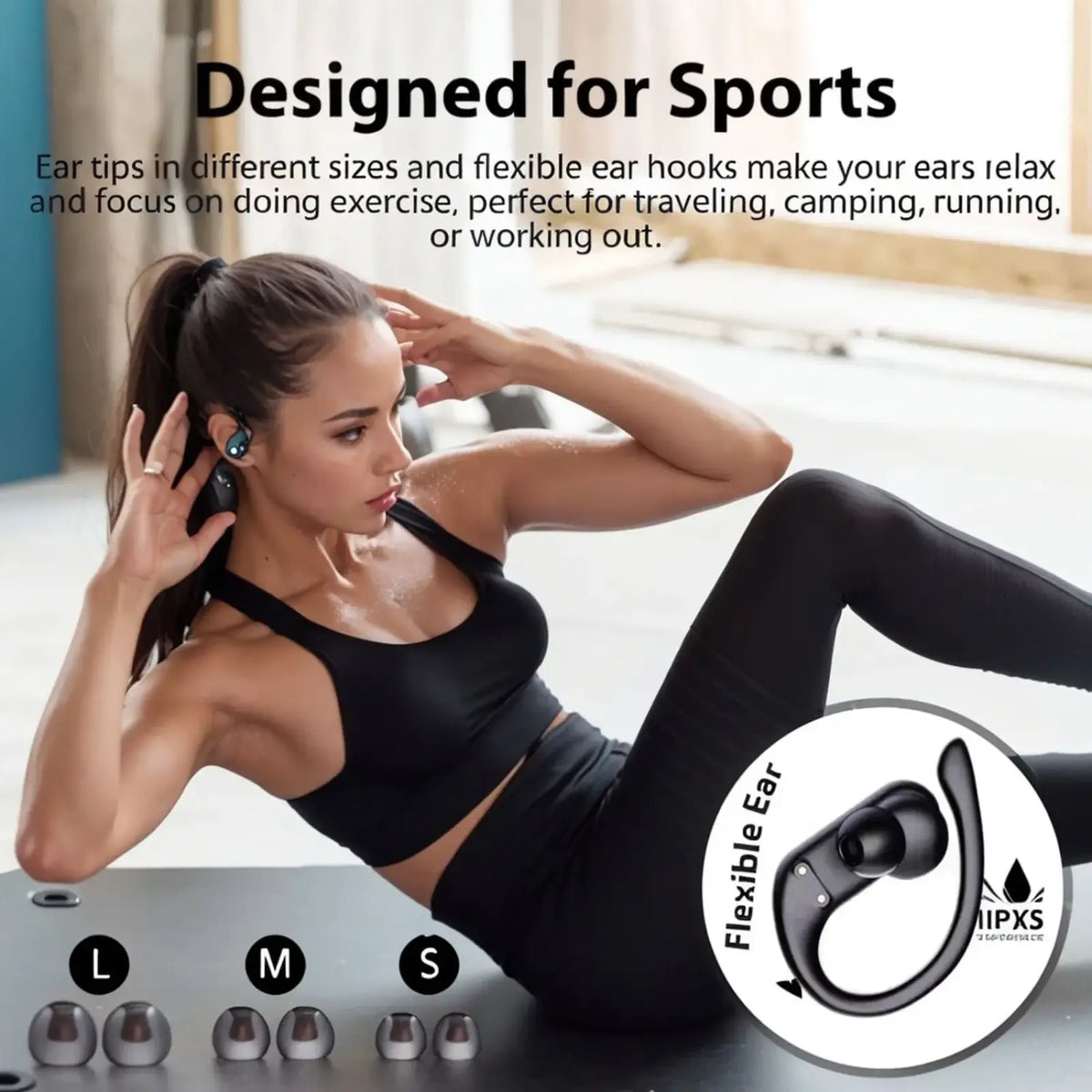 Black wireless earhook earbuds with flexible ear hooks and interchangeable silicone ear tips bluetooth 5.0 hd stereo
