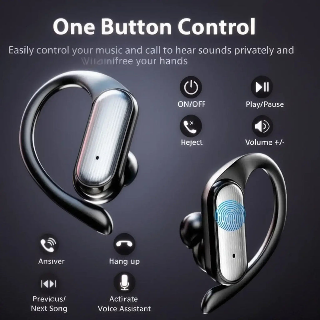 Black and silver wireless earhook earbuds with hd stereo bluetooth 5.0 and one-button control for music and calls