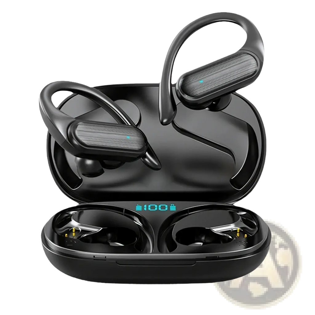 Black wireless earhook earbuds with hd stereo bluetooth 5.0 featuring a sleek ergonomic design and wood-textured accents