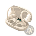 White wireless earhook earbuds with hd stereo bluetooth 5.0 in a matching charging case showing battery level