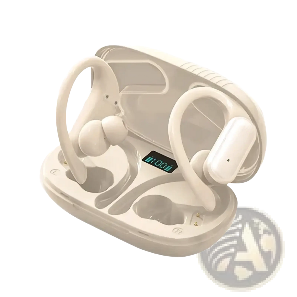 White wireless earhook earbuds with hd stereo bluetooth 5.0 in a matching charging case showing battery level